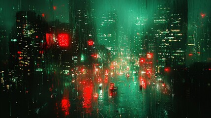 Obraz premium Rainy futuristic city at night, neon lights, green and red.