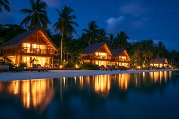 Obraz premium Beach houses illuminated at night with reflections, under palm trees at shoreline