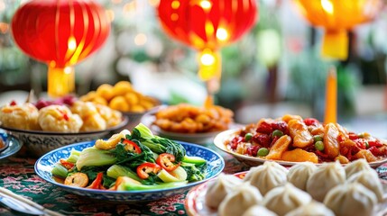 A table set with vegan Chinese New Year dishes, including stir-fried bok choy, dumplings, and colorful fruit, against a background of lanterns.