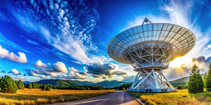 Panoramic View of Majestic Radio Telescope Against Azure Sky