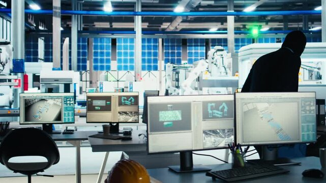 Masked worker in photovoltaics factory commits corporate espionage, stealing proprietary technology using USB stick. Man exploits insider access to copy trade secrets from solar panel plant, camera A