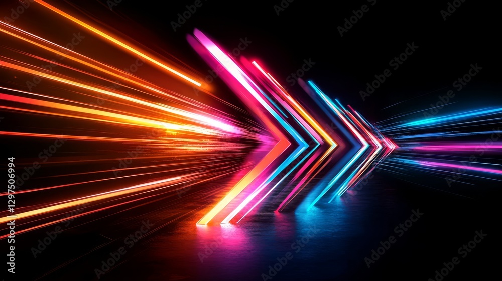 Poster vibrant neon arrows streak across a deep, dark background, powerfully illuminating a dynamic path fo