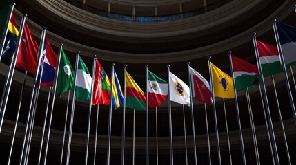 A vibrant display of international flags representing diverse nations in a grand hall setting