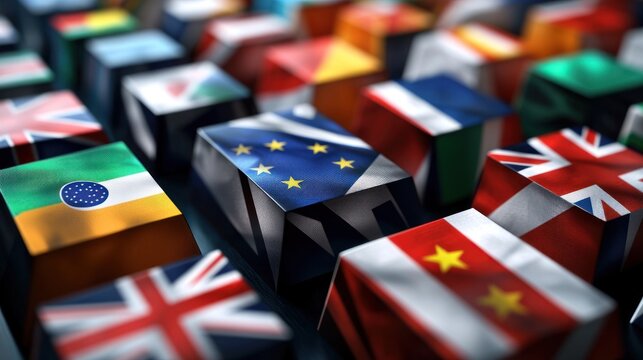 A vibrant display of various country flags represented on colorful cube blocks, showcasing global unity