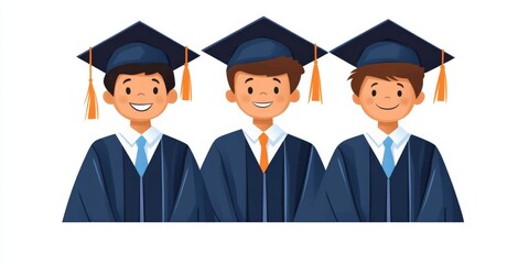 Obraz premium Colorful vector illustration of three happy diverse students wearing graduation caps and gowns celebrating academic achievement success and future aspirations