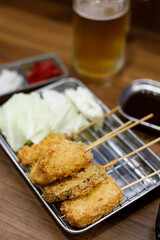 Delicious Kushiage or Kushikatsu, Japanese style deep fried food skewer.