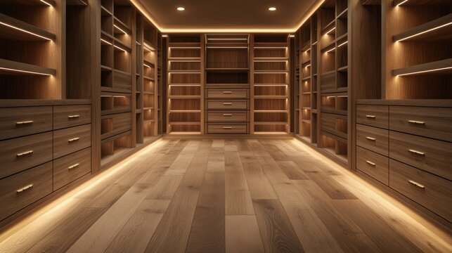 Luxurious walk-in closet with wood finish