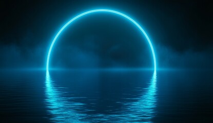 Neon circle portal over water, dark background, smoke, reflection