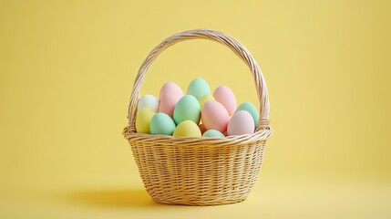 A wicker basket filled with pastel-colored Easter eggs, placed on a bright yellow background with soft lighting and playful spring accents