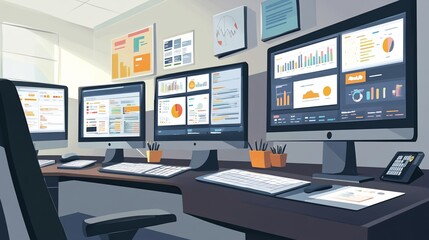 Naklejka premium Multiple computer screens displaying various charts and data visualizations in a modern office setting