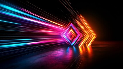 Fototapeta premium This striking composition features vibrant neon lights in pink, blue, and orange against a dark backdrop, creating an engaging and energetic atmosphere that captivates viewers instantly