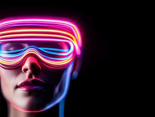 Vibrant neon lit futuristic male portrait with glowing cyber glasses reflecting digital data streams against dark background symbolizing advanced technology and digital innovation © Leo Rohmann