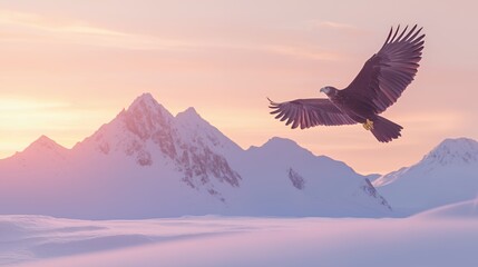 Majestic Eagle Soaring Over Snowy Mountains at Sunset