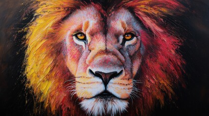 Naklejka premium Majestic lion portrait with vibrant mane colors, showcasing fierce expression against dark backdrop