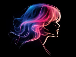 Obraz premium Neon silhouette of woman with glowing multicolor hair floating in darkness evoking dreamlike surrealism and futuristic cyber inspired digital portrait aesthetic with electric atmosphere