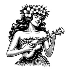 Hula dancer while play ukulele sketch engraving black and white outline. Scratch board imitation.
