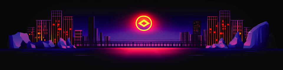 Fototapeta premium Vibrant Cyberpunk Cityscape with Neon Sunset and Futuristic Architecture Reflecting in Dystopian Urban Waterfront with Icy Terrain Vector Art