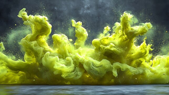 Abstract lime green ink swirling in water, dark background, for design or art