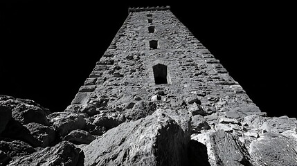 Ancient stone tower, coastal cliff, dramatic sky, historical site, travel photography