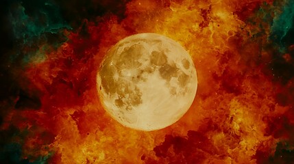 Fiery Full Moon in a Cosmic Cloudscape