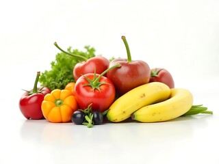 Food and salad concept with raw ingredients flat lay on white background for healthy eating  
