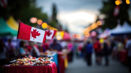 Vibrant Canadian street market bustling with activity, showcasing food stalls and flags