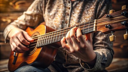 Obraz premium Close-up of a Person's Hands Skillfully Playing an Acoustic Guitar in a Rustic Setting