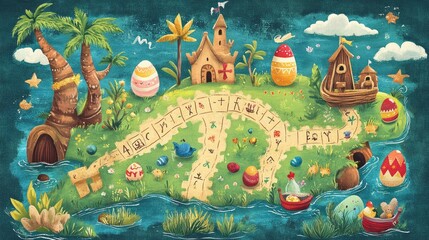 Obraz premium Fun Easter greeting card for kids with a treasure map leading to hidden Easter eggs and playful illustrations.