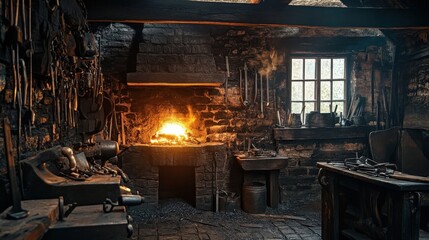 A blacksmith forge room with a fire and crafting tools