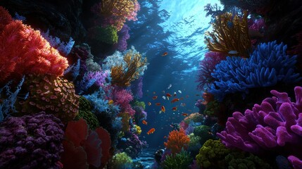 Obraz premium Vibrant underwater coral reef teeming with colorful fish and marine life in a sunlit ocean