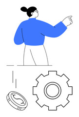 Woman gesturing towards large gear and falling coin, representing progress, teamwork, productivity, finance, investment, problem-solving, and innovation. Ideal for modern workflow abstract line flat