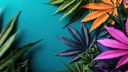Vibrant assortment of colorful cannabis leaves arranged artistically on a teal background