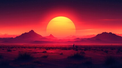 Desert sunset over mountains, cacti silhouette, vibrant sky