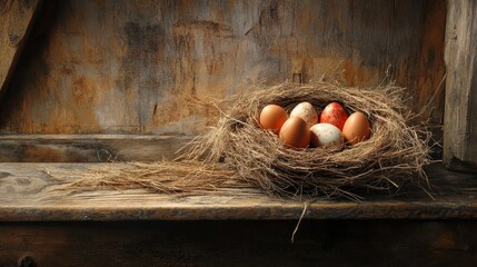Rustic-style Easter greeting card with wooden textures, straw nest, and painted eggs in muted tones.