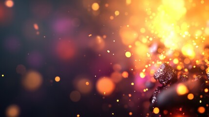 Abstract close-up of glowing particles and vibrant bokeh effects on a dark background