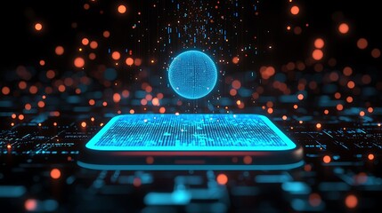 Global network data sphere hovers over digital tablet;  futuristic tech background; website banner