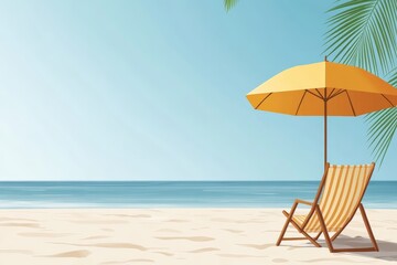 Fototapeta premium Tropical beach scene with umbrella and empty lounge chair on soft sand near palm trees under a bright blue sky modern vector travel illustration with smooth gradients