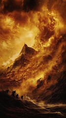Fiery Mountain Landscape with Golden Clouds and Dramatic Lighting