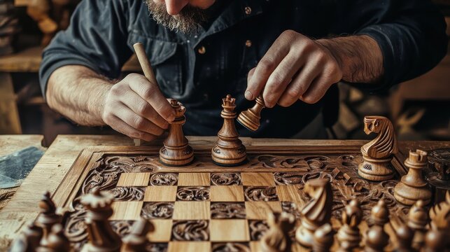 A carpenter is carefully crafting wooden chess pieces and board