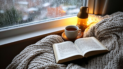A cozy reading nook with a cup of tea, soft blanket, and an open book