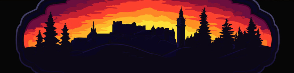 Dramatic Vector Art of Medieval Castle with Tower Silhouette Against Vibrant Sunset Sky and Dark Pine Trees in Foreground, Perfect for Fantasy-Themed Designs