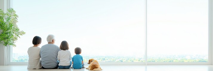 Multigenerational family with a dog sits by a large window overlooking a cityscape.