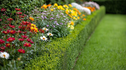 A close-up of a well-maintained garden with vibrant flowers and neatly trimmed hedges