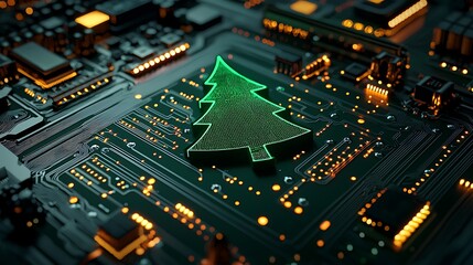Obraz premium Green digital Christmas tree on circuit board, tech holiday concept, website banner