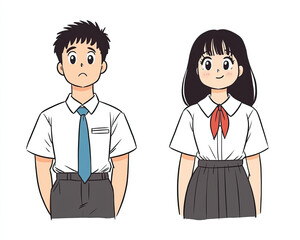Obraz premium Illustration of a boy and girl in school uniforms, standing side by side, with slightly different expressions.