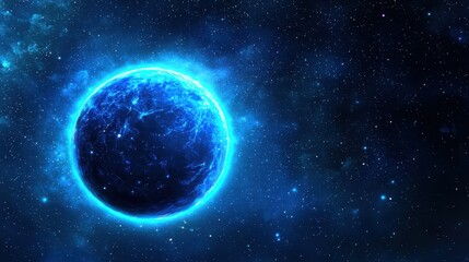 Obraz premium A glowing blue planet is surrounded by a starry cosmos, showcasing vibrant colors and a mystical atmosphere in the vastness of space.