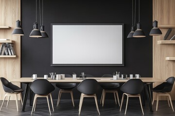 A modern conference room features a blank TV screen on a black wall, perfect for meetings and tech presentations, fostering a professional atmosphere for collaboration and communication