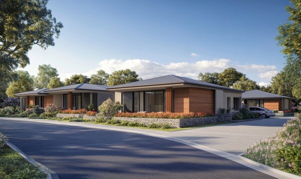 Suburban townhouses, sunny day, tranquil neighborhood, rendering
