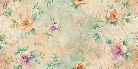 Obraz premium Elegant Floral Design Featuring Pastel Roses and Delicate Vines on a Soft Beige Background