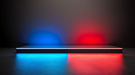 Obraz premium Neon-lit platform, red and blue, dark background, product display